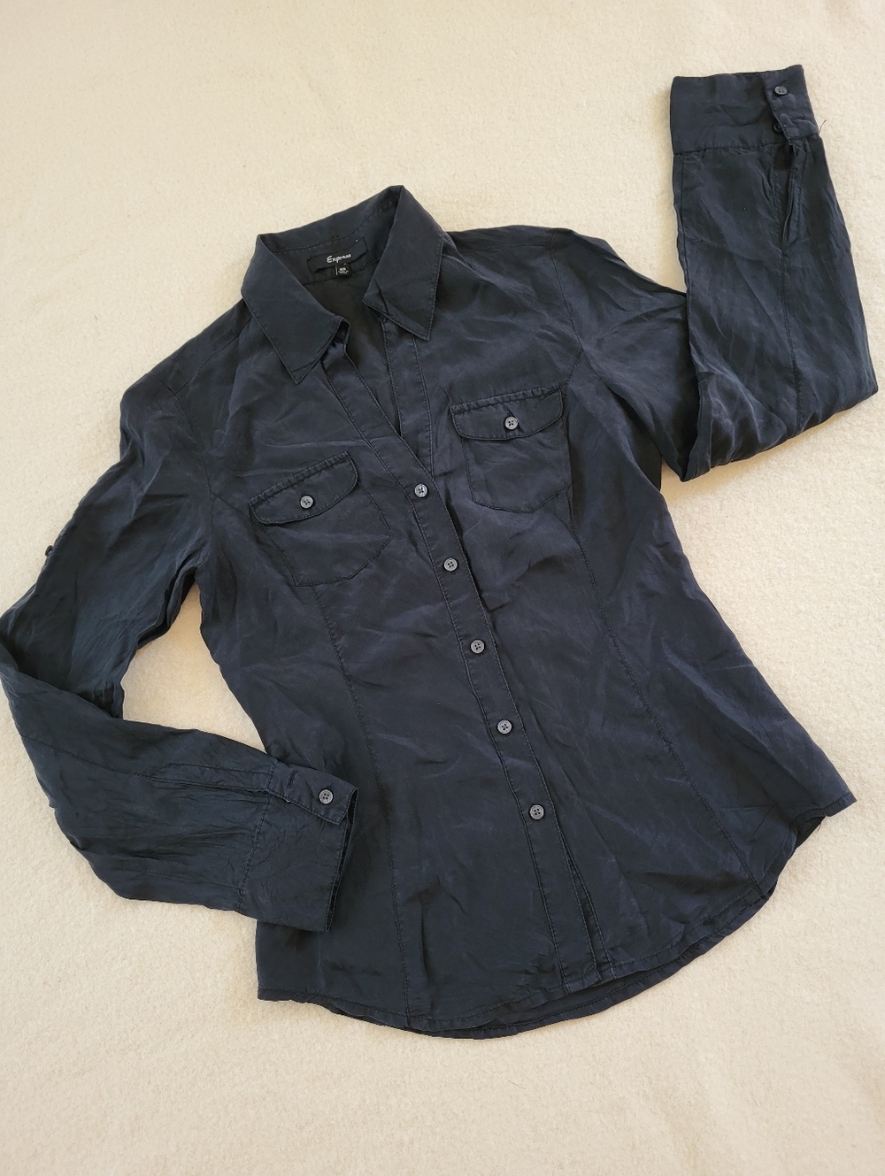 Black Silk Blouse Women's Size XS Long Sleeve Button Down Pockets